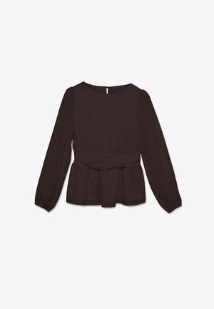 Juoda palaidinė ilgomis rankovėmis, apvali iškirptė, surinkta juosmens detalė ir šiek tiek praplėstas apačios kraštas, parodyta išskleista ant balto fono.