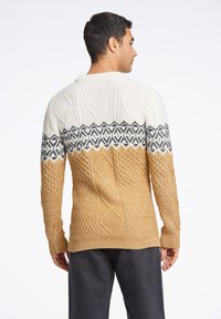 Beige och krämfärgad stickad tröja med strukturerade mönster och en geometrisk design, accentuerad av en mörk rand. Långärmad, rundad hals.