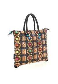 Borsa a tracolla nera con un motivo che presenta accenti rotondi colorati in blu, verde, rosso e giallo. Materiale resistente con due manici superiori e chiusura con zip.