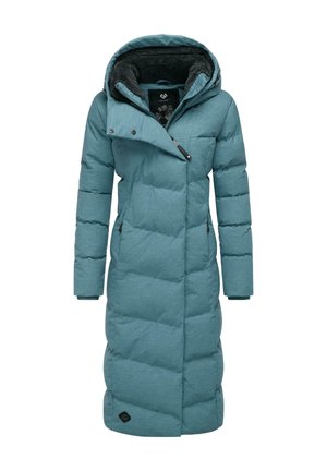 Cappotto imbottito color teal, lunghezza al ginocchio, con superficie testurizzata. Presenta un cappuccio, chiusura con zip e tasche laterali. Design trapuntato con un rivestimento caldo.