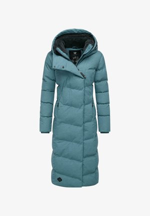 Cappotto imbottito color teal, lunghezza al ginocchio, con superficie testurizzata. Presenta un cappuccio, chiusura con zip e tasche laterali. Design trapuntato con un rivestimento caldo.