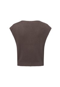 Bruin gebreid crop top met een gestructureerde stof, brede mouwen en een ribbelrand. De achteraanzicht toont een gladde, aansluitende stijl.
