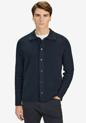 Navy ribbed knit cardigan with a collared neckline, front button closure, and long sleeves, made from soft material.