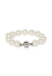 Pearl bracelet featuring uniform white pearls and a round silver-tone clasp, highlighting a smooth, lustrous texture and seamless design.