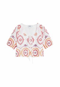 Hvid cropped bluse med korte ærmer, præget af rød, orange og lilla cirkulær blomsterbroderi samt snøre foran.