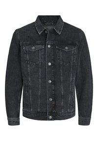 Black denim jacket with a classic design, featuring two chest pockets, button closure, and metal hardware accents. Faded texture throughout.