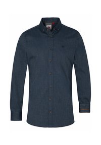Donkerblauw overhemd met knopen en een gestructureerd patroon, bruine knopen en contrasterende bruine accenten op de manchetten. Standaard kraag en lange mouwen.