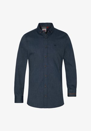 Dunkelblaues Hemd mit Knöpfen, mit einem strukturierten Muster, braunen Knöpfen und kontrastierenden braunen Akzenten an den Manschetten. Standardkragen und lange Ärmel.