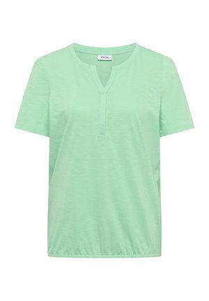 Vaaleanvihreä naisten lyhythihainen paita pyöreällä pääntielle ja etuslitsillä, joustava helma, pehmeästä, teksturoidusta kankaasta.