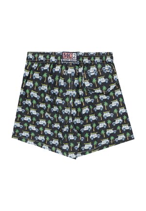 Pantaloncini neri con motivo ripetuto di jeep bianca e palma verde, vita elasticizzata e etichetta MC2 Saint Barth sul davanti al centro.