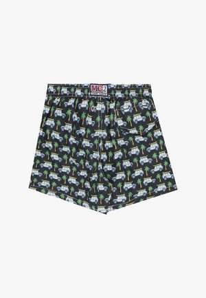 Pantaloncini neri con motivo ripetuto di jeep bianca e palma verde, vita elasticizzata e etichetta MC2 Saint Barth sul davanti al centro.