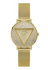 Guldmensur med en rund urskive prydet med krystaller og et triangelmønster. Inkluderer et elegant mesharmbånd og subtile sølvakcenter.