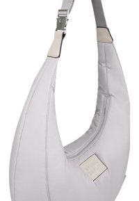 Borsa a tracolla imbottita grigia chiara con tracolla regolabile, fibbia in metallo, tasca anteriore con zip e etichetta "STUDIO BERLIN".