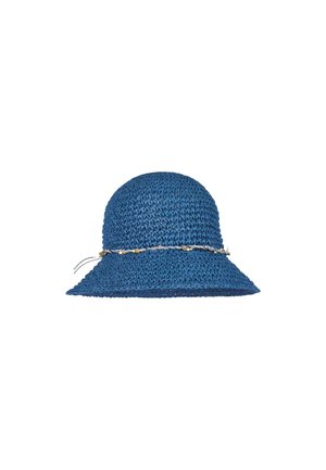 Blauer Strohhut mit abgerundeter Krone und breiter Krempe, versehen mit einem geflochtenen Band mit goldenen Akzenten. Texturierte Webung im gesamten Hut.