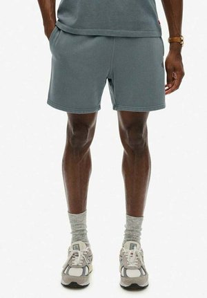 Szare sportowe szorty wykonane z miękkiego materiału, z elastycznym paskiem w talii i bocznymi kieszeniami. W połączeniu z szarymi skarpetkami i trampkami.