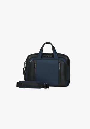 Laptoptasche aus synthetischem Material in Marineblau und Schwarz mit zwei Griffen, abnehmbarem Schultergurt und mehreren Reißverschlusstaschen zur Organisation.