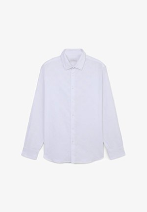 Weißes Langarmhemd aus strukturierter Baumwolle mit Button-Down-Kragen, mit einer vorderen Knopfleiste und geknöpften Ärmeln.