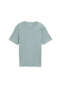 Jasno niebieska koszulka z krótkim rękawem wykonana z bawełny. Okrągły dekolt i luźny fason, bez widocznych wzorów czy akcentów.