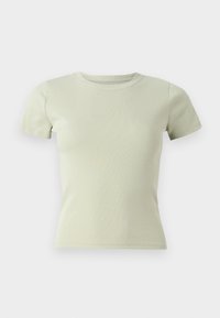 Light green short-sleeve T-shirt, round neck, fitted shape, made of ribbed fabric, features no patterns or additional accents.