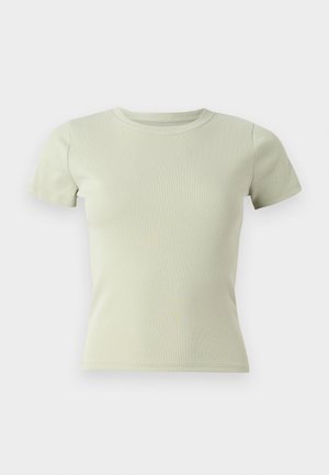 Light green short-sleeve T-shirt, round neck, fitted shape, made of ribbed fabric, features no patterns or additional accents.
