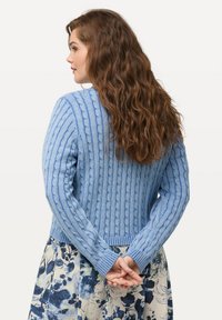 Vaaleansininen kabeliknitti neulepusero, jossa on ribattu helma ja hihansuut. Suunnittelussa on pystysuoria kuvioita, jota käytetään kukkamekon päällä.