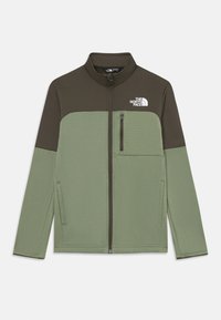 Veste en polaire zippée intégrale en vert olive et marron foncé, avec une poche zippée sur la poitrine et le logo The North Face sur la poitrine.