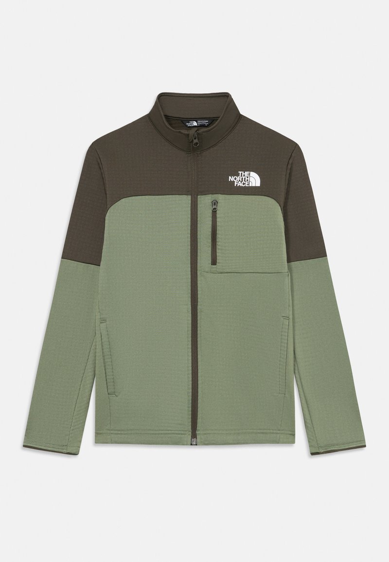 Veste en polaire zippée intégrale en vert olive et marron foncé, avec une poche zippée sur la poitrine et le logo The North Face sur la poitrine.