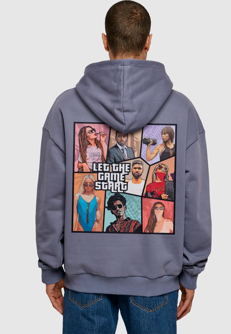 Gray hoodie featuring a multicolored graphic collage on the back with various cartooned figures and the text "LET THE GAME START."