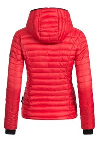 Red puffer jacket featuring a quilted design, hood, full-length sleeves, and elastic cuffs. Smooth, shiny fabric with a fitted silhouette.