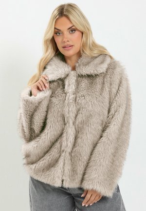 Femme blonde portant un manteau en fausse fourrure doux et gris clair, tenant le col d’une main et portant un pantalon gris.