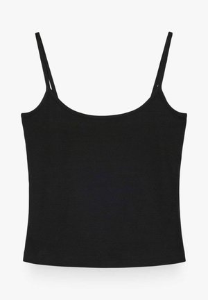 Schwarzes, kurzes Tanktop mit dünnen verstellbaren Schulterträgern und figurbetonter Silhouette vor weißem Hintergrund.
