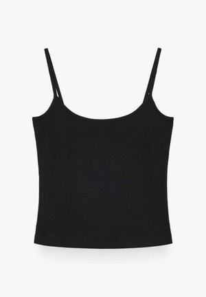 Schwarzes, kurzes Tanktop mit dünnen verstellbaren Schulterträgern und figurbetonter Silhouette vor weißem Hintergrund.