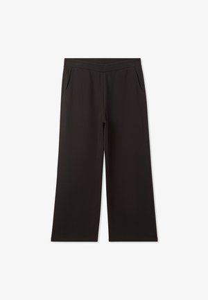 Czarne spodnie z szerokimi nogawkami, wykonane z miękkiego materiału, z elastycznym paskiem w talii i dwiema bocznymi kieszeniami. Gładka tekstura, prosty krój i brak wzorów.