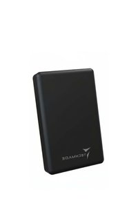 Disco rigido esterno nero di forma rettangolare, con una texture liscia opaca e un logo argentato nell'angolo in basso a destra.