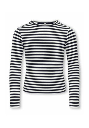 Chemise à manches longues avec des rayures horizontales noires et blanches et un col rond, présentée sur un fond blanc uni.
