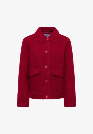 Giacca di lana rossa testurizzata con ampio colletto, chiusura frontale a bottoni e due tasche a coulisse in vita.
