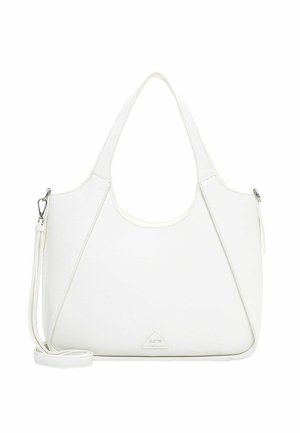 White leather handbag with double handles and detachable shoulder strap, triangular logo patch near base, minimalist design.