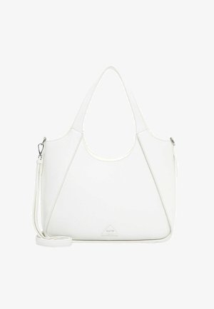 Sac à main en cuir blanc avec double poignées et bandoulière amovible, patch logo triangulaire près de la base, design minimaliste.