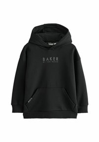 Schwarzer Kapuzenpullover aus Baumwollmischgewebe, mit einer Kängurutasche, gerippten Bündchen und "BAKER BY TED BAKER" auf der Vorderseite bedruckt.