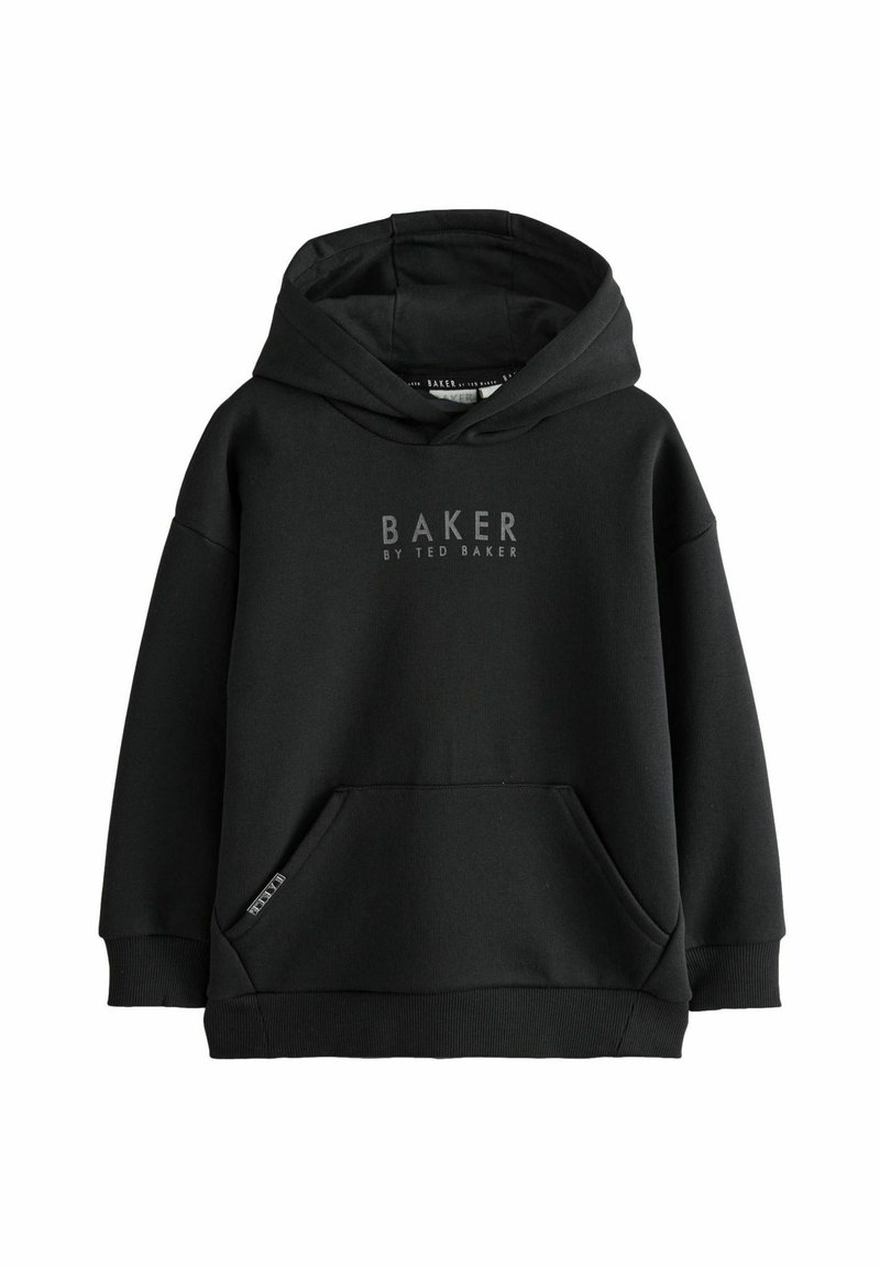 Schwarzer Kapuzenpullover aus Baumwollmischgewebe, mit einer Kängurutasche, gerippten Bündchen und "BAKER BY TED BAKER" auf der Vorderseite bedruckt.