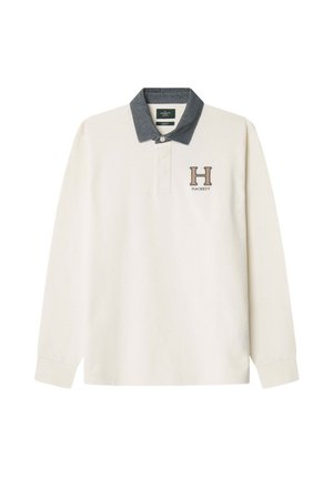 Long-sleeve polo shirt in cream with a dark grey collar. Features an embroidered 'H' and 'HACKETT' logo on the left chest. Soft cotton material.