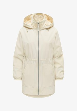 Lichtbeige gewatteerde jas met capuchon, ritssluiting aan de voorkant, verstelbare taille met trekkoord, elastische manchetten en twee zakken aan de voorkant.