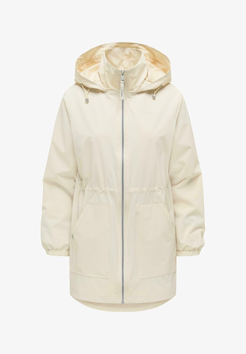 Veste à capuche beige clair avec fermeture éclair frontale, taille à cordon réglable, poignets élastiques et deux poches avant.