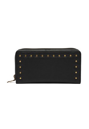 Zwarte leren portemonnee met een ritssluiting, voorzien van een getextureerd oppervlak en gouden studs langs één rand voor accentuering.