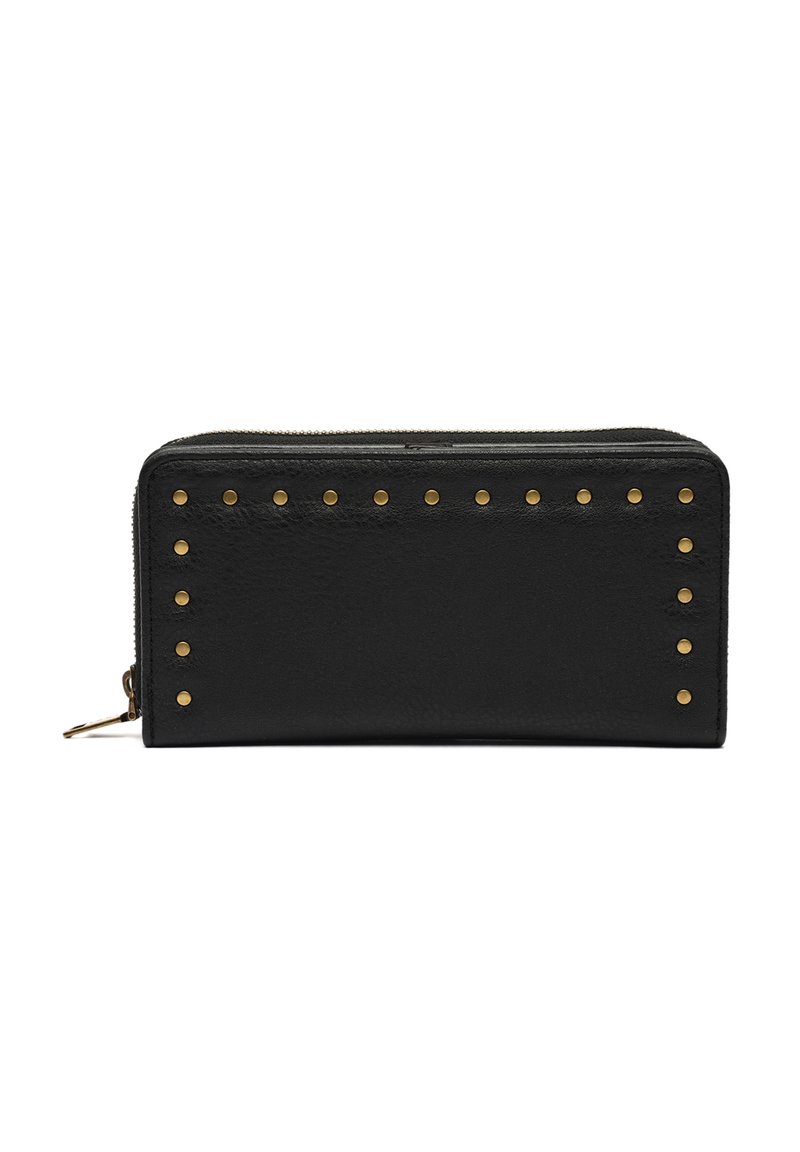 Black leather wallet with a zip closure, featuring a textured surface and gold studs along one edge for accent.