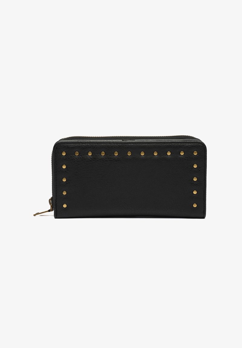Black leather wallet with a zip closure, featuring a textured surface and gold studs along one edge for accent.