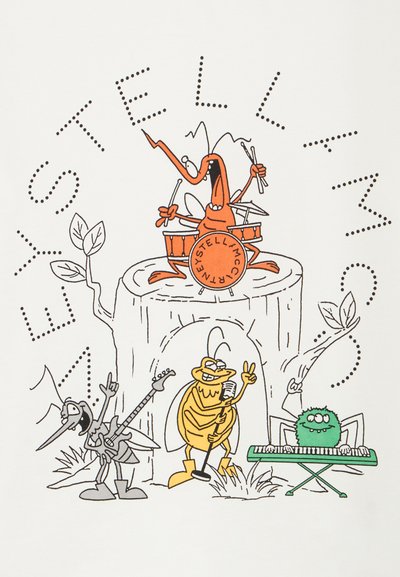 Kreslená ilustrácia kapely sediacej na paľke stromu: oranžový bubeník, žltý spevák, zelený klávesák a sivý gitarista. Jednoduché línie, farebné.