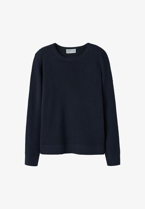 Dunkelblauer Pullover mit langen Ärmeln aus strukturiertem Strickstoff, mit einem runden Ausschnitt und gerippten Bündchen und Saum.