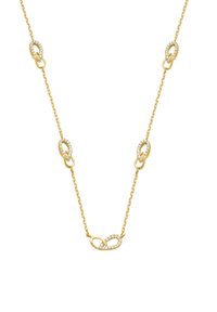 Gold chain necklace featuring interlinked oval links with a central infinity symbol adorned with small clear gemstones, textured finish.