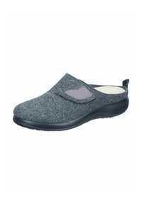Gray felt slip-on shoe with black rubber sole, featuring a soft lining and a fabric accent on the upper for adjustable fit.